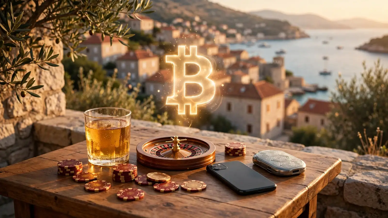 Stol na terasi s kripto-novčanikom, žetonima i ruletom uz jadransku obalu Hrvatske