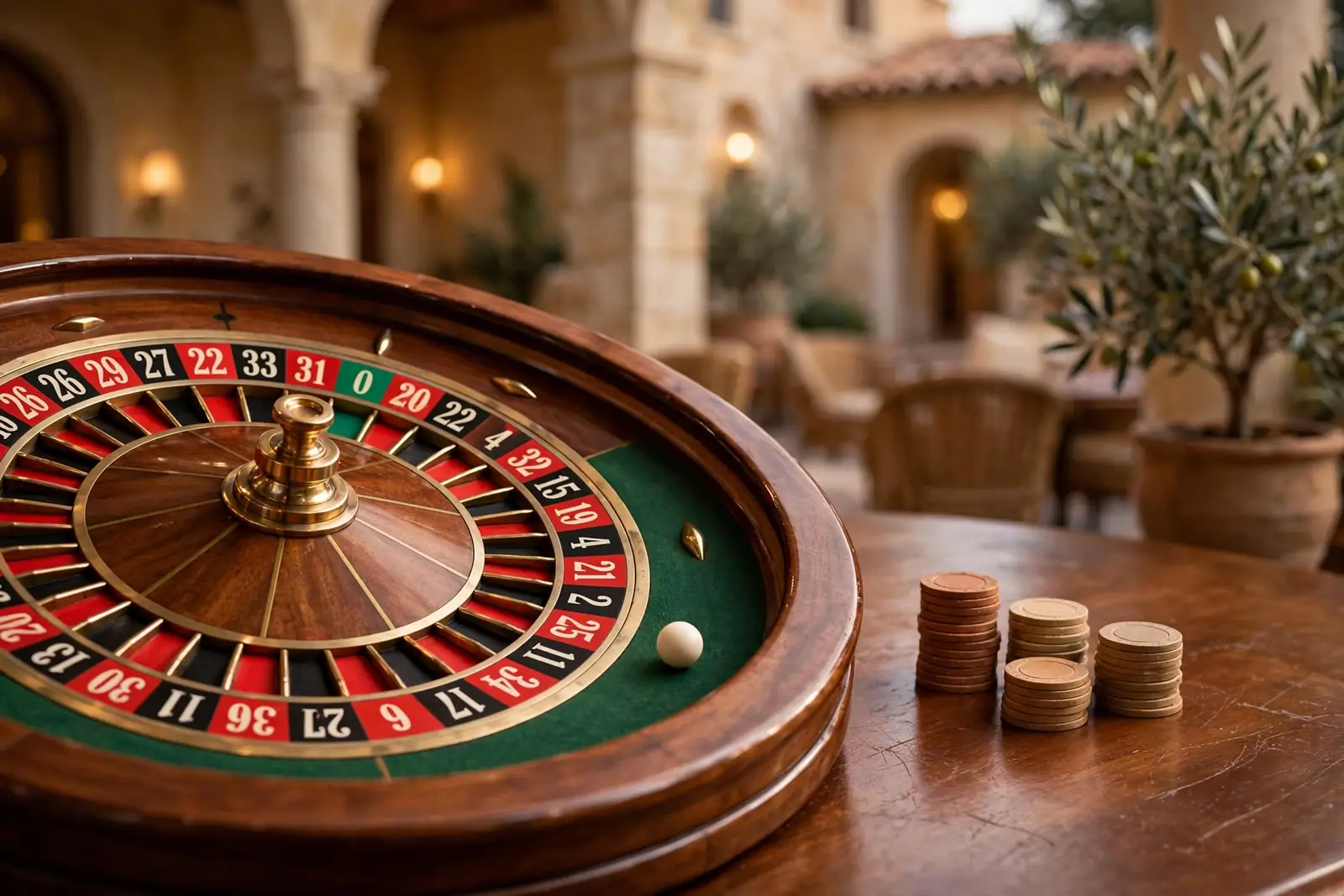 Europski kotač za rulet s crvenim i crnim poljima na drvenom stolu uz žetone u casinu