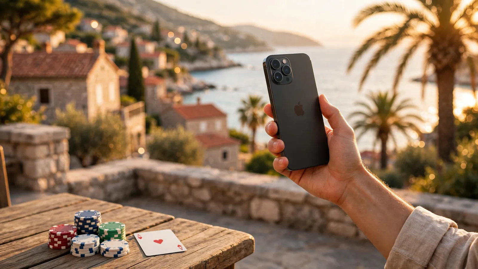Ruka drži iPhone na terasi s pogledom na Jadran, uz žetone za kockanje