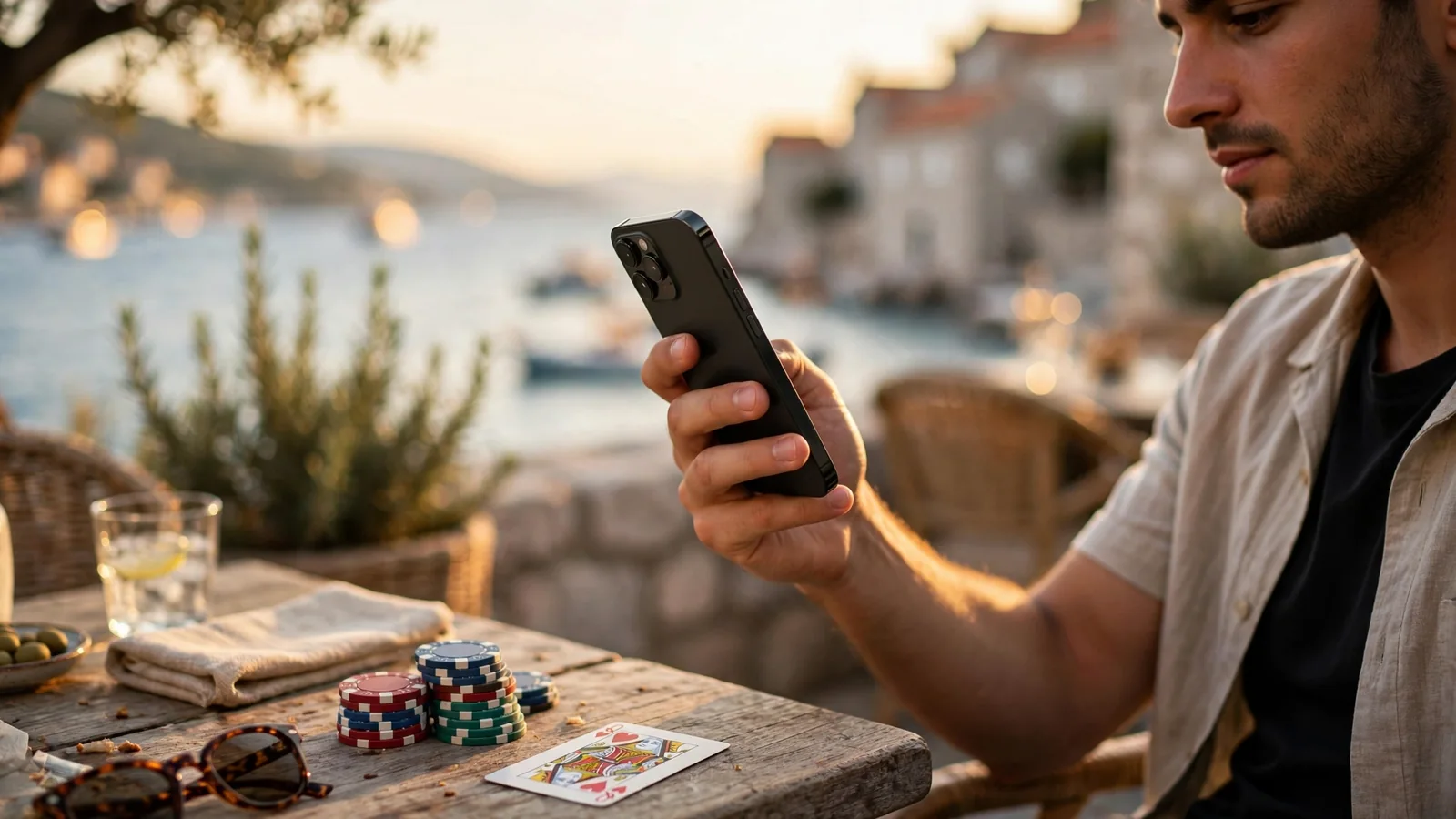Osoba u kafiću na hrvatskoj obali drži smartphone uz maležne žetone za casino