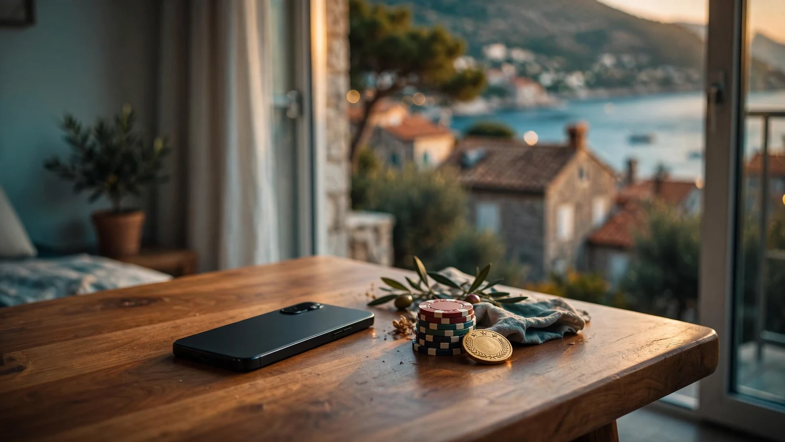 Pametni telefon okrenut na stolu s kockicama casina uz pogled na jadransku obalu