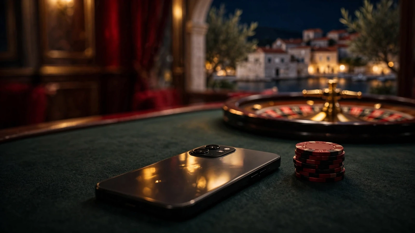 Pametni telefon na stolu casina s žetonima i ruletom