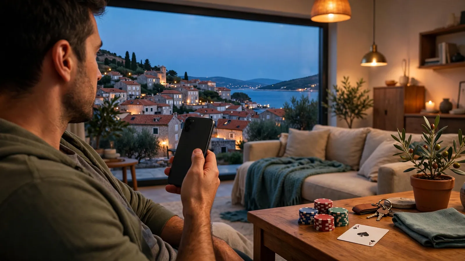 Osoba sa pametnim telefonom uz žetone za casino na stolu, topla atmosfera hrvatskog stana