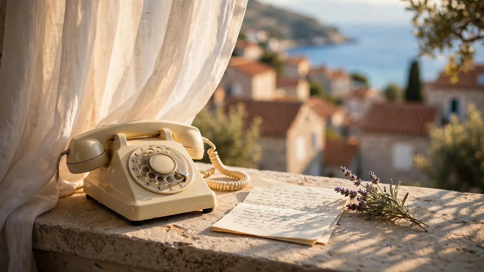 Zastarjeli telefon na kamenom prozoru s pogledom na jadransko more