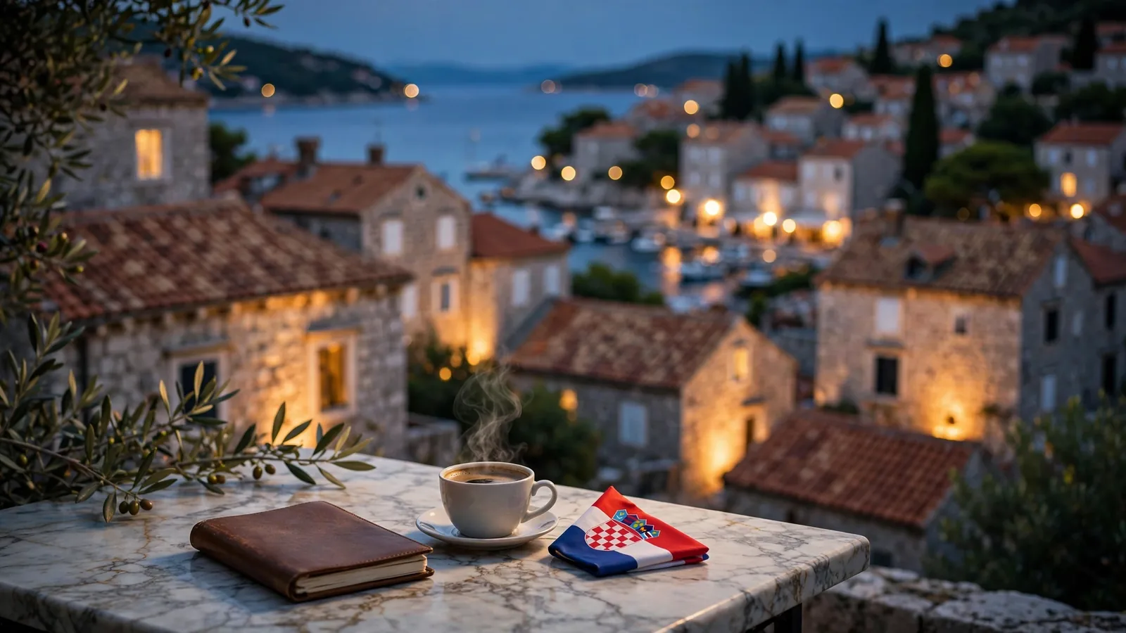 Hrvatski obalni grad u sumrak sa zatvorenom bilježnicom i kavom