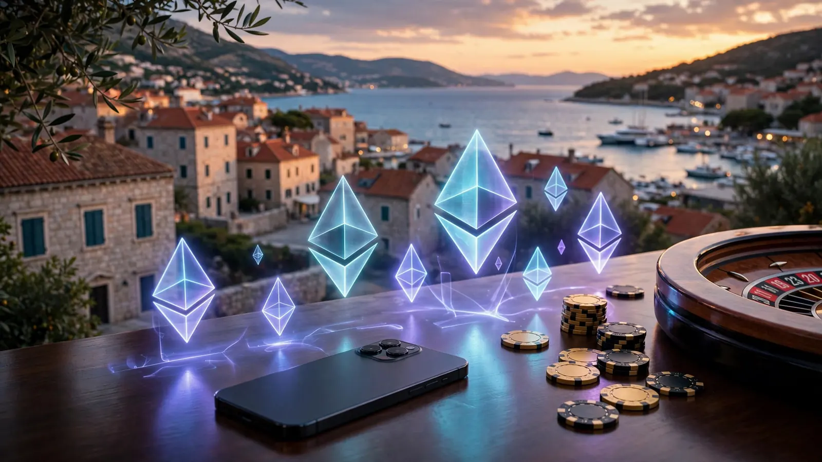 Holografski Ethereum simboli uz kazino žetone na stolu s pogledom na hrvatsku obalu.