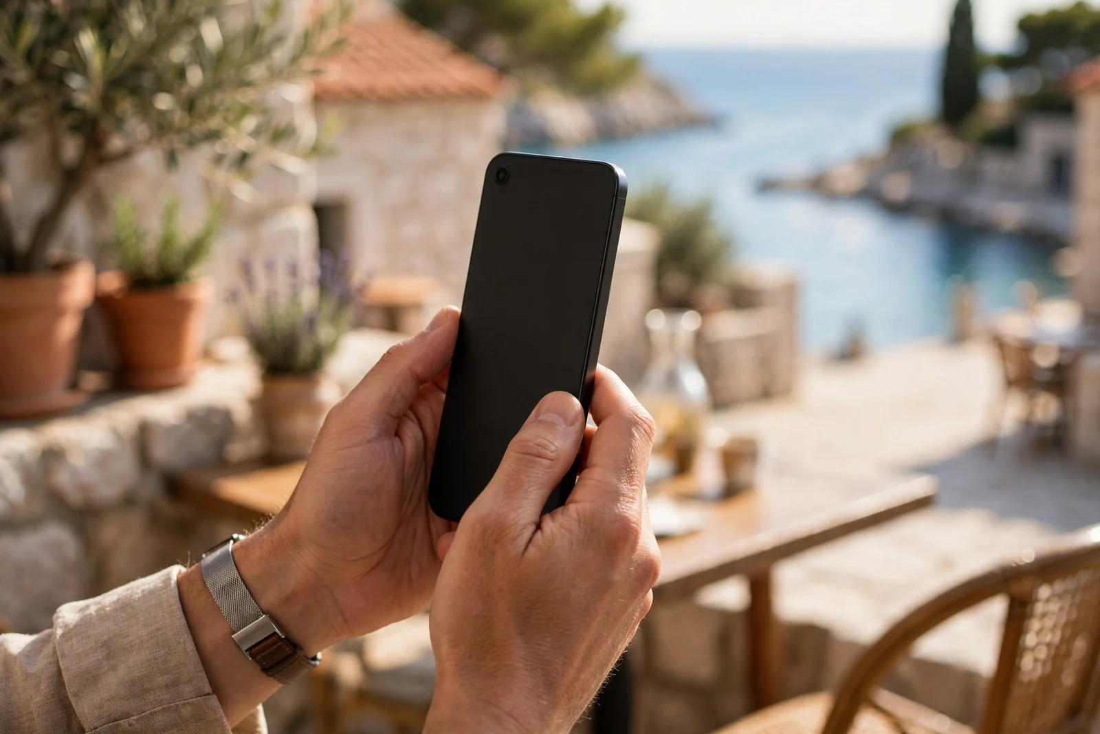 Ruke drže pametni telefon na terasi kafića uz jadransku obalu.