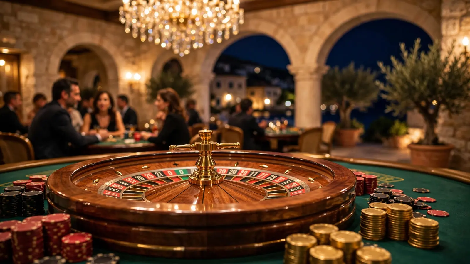 Elegantni casino stol s kotačem za rulet i žetonima u toplom osvjetljenju