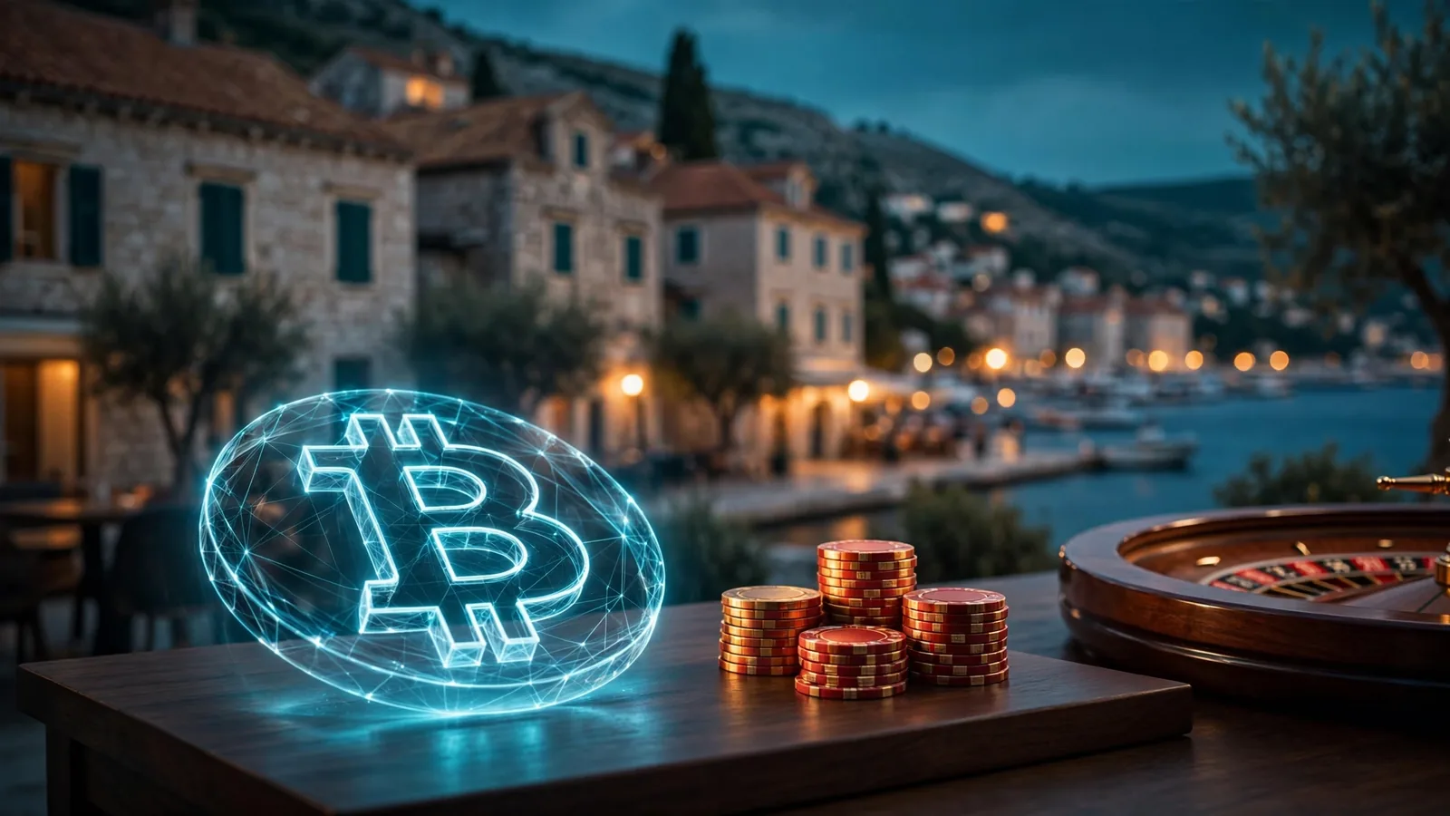 Stol s hologramskim Bitcoin simbolom, kockarskim žetonima i ruletom na pozadini hrvatskog obalnog grada.