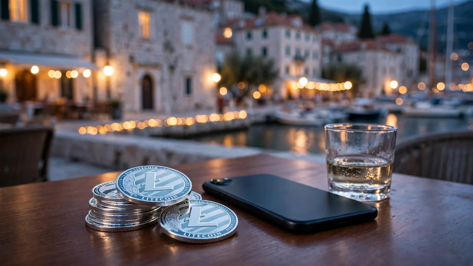 Srebrni litecoin novčići i pametni telefon na stolu uz dalmatinsku večernju atmosferu