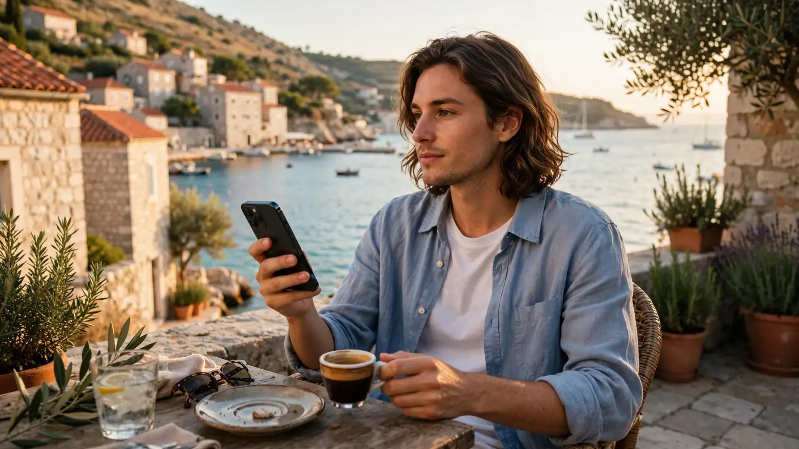 Osoba s mobitelom na terasi kafića uz Jadransko more u Hrvatskoj