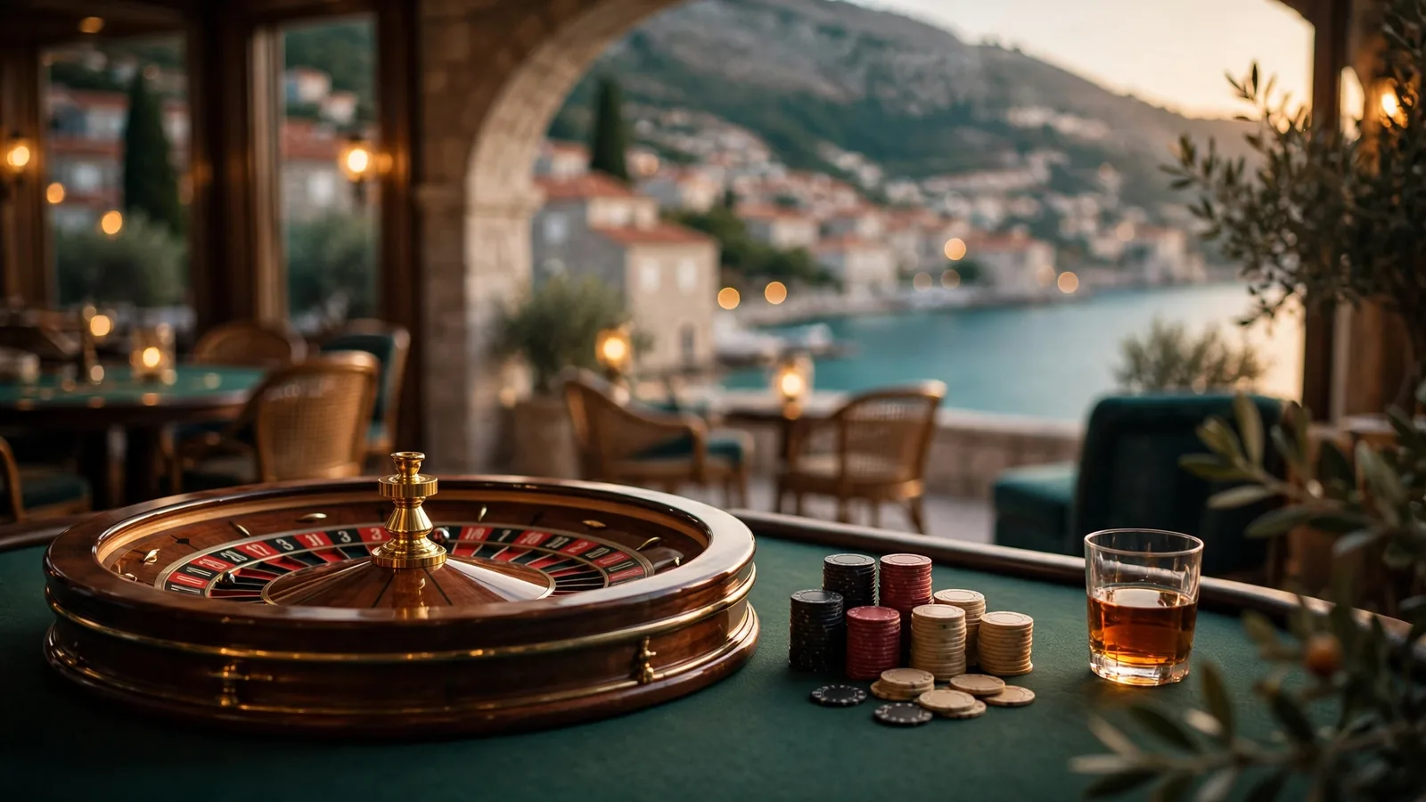 Elegantan kotač ruleta na zelenom stolu s ulošcima u luksuznom casinu