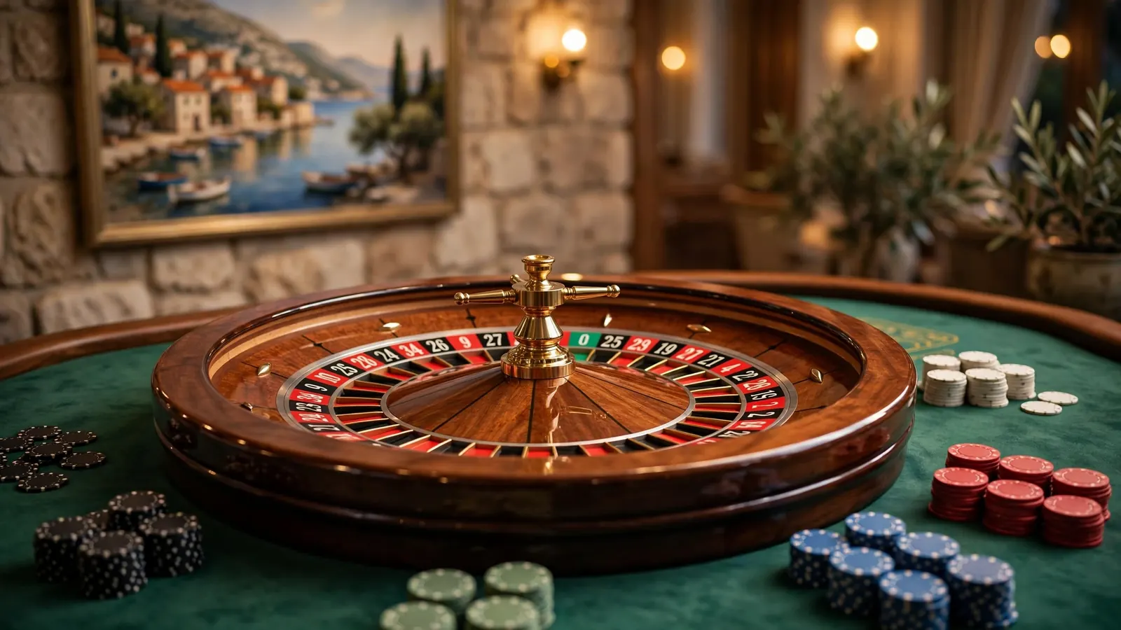 Elegantan kotač ruleta na zelenom stolu s hrpom žetona u luksuznom casinu