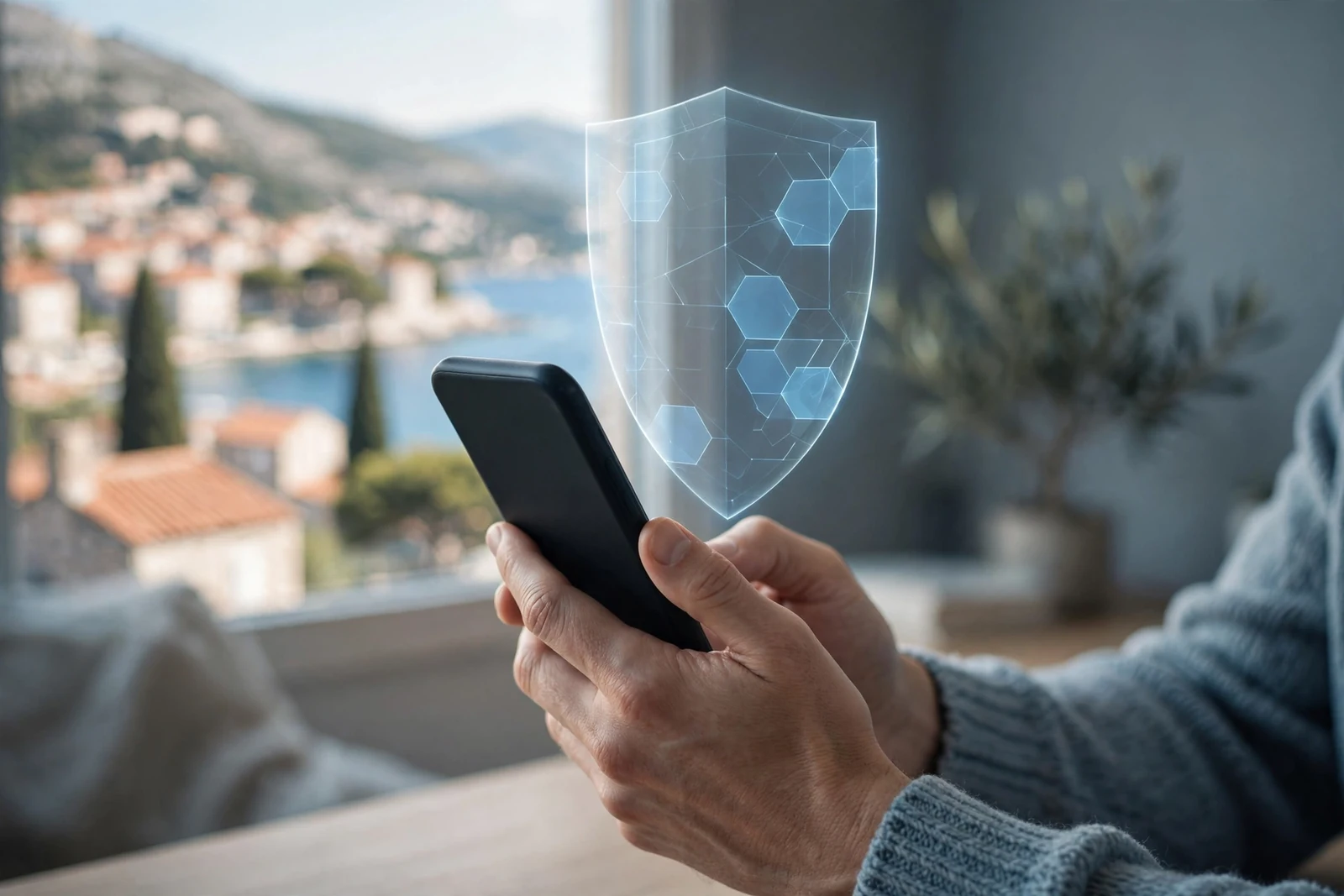 Osoba štiti svoje osobne podatke na pametnom telefonu uz digitalni štit