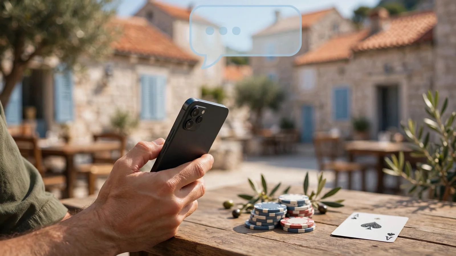 Ruka drži mobitel s SMS potvrdom uz kockice casina na stolu
