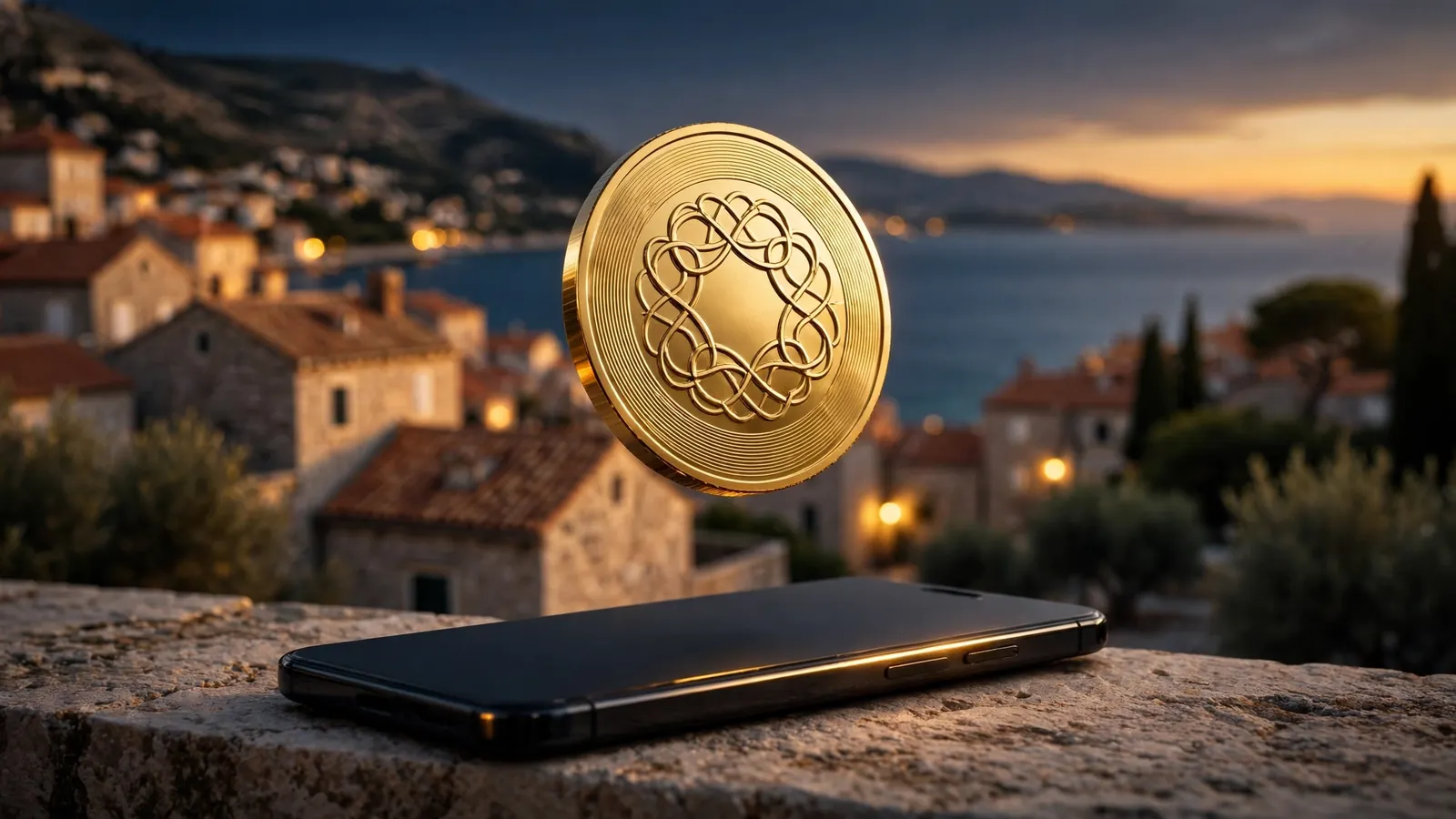 USDT kovanica iznad pametnog telefona s hrvatskom obalom u pozadini