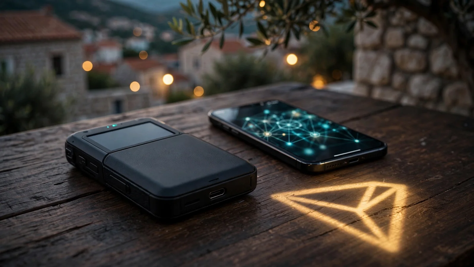 Kripto novčanik i telefon uz blagi TRX simbol na stolu
